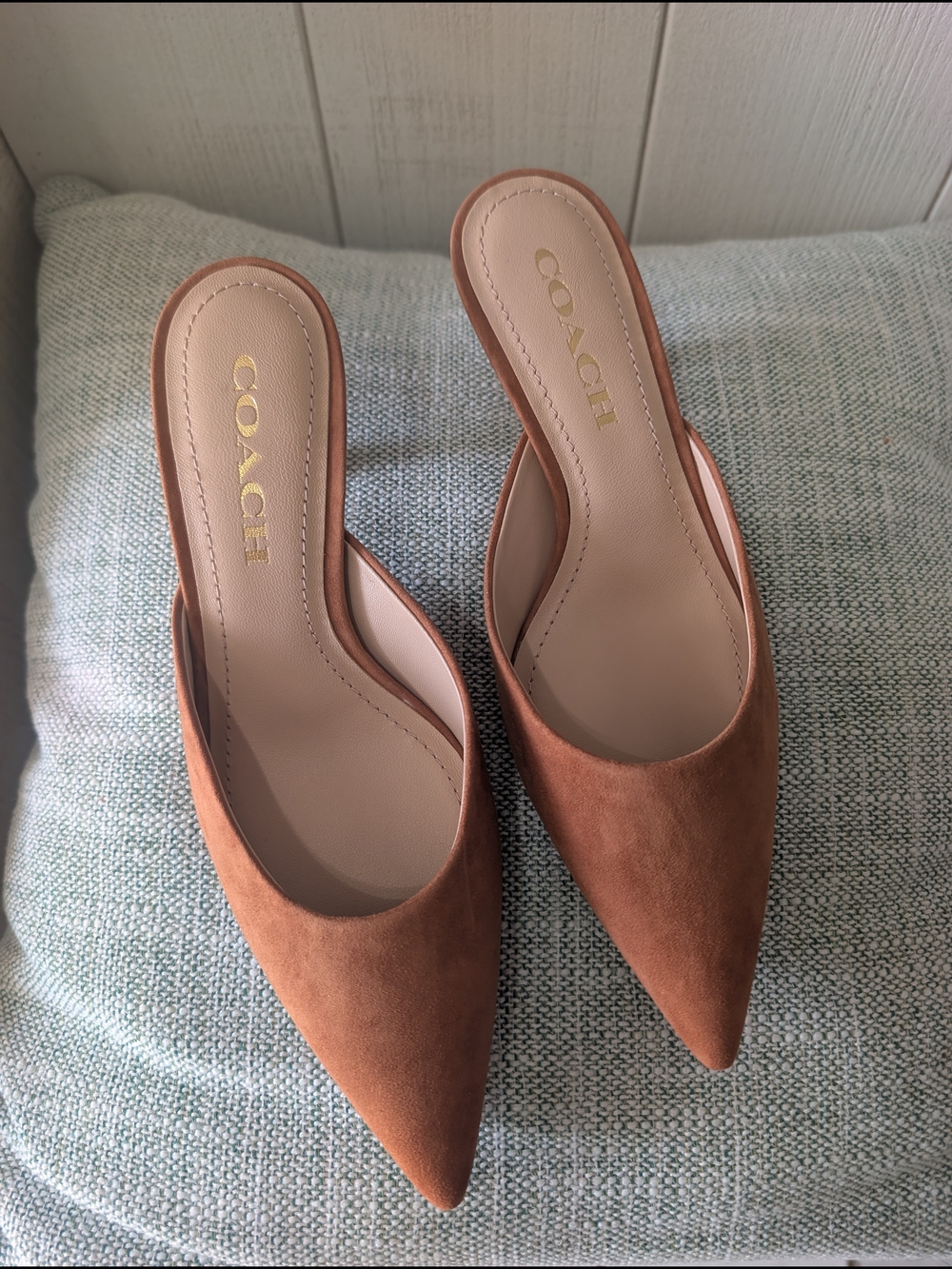 COACH Women's Pointed-Toe Mule Heels in Tan Suede - Picture 12 of 12